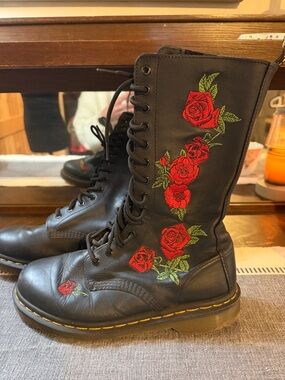 Dr. Martens Black Lace-Up Boots with Red Rose Embroidery